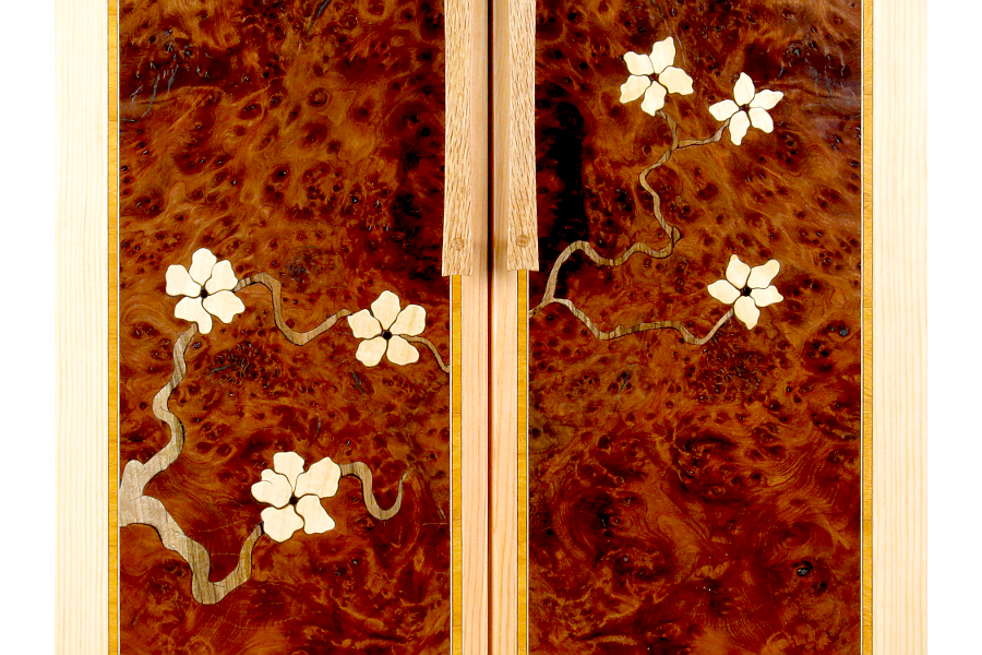 Butsudan in fir and rewood burl with flowering branch marquetry