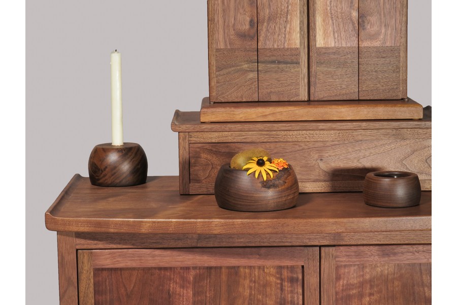 Walnut butsudan and cabinet with mother of pearl lotus